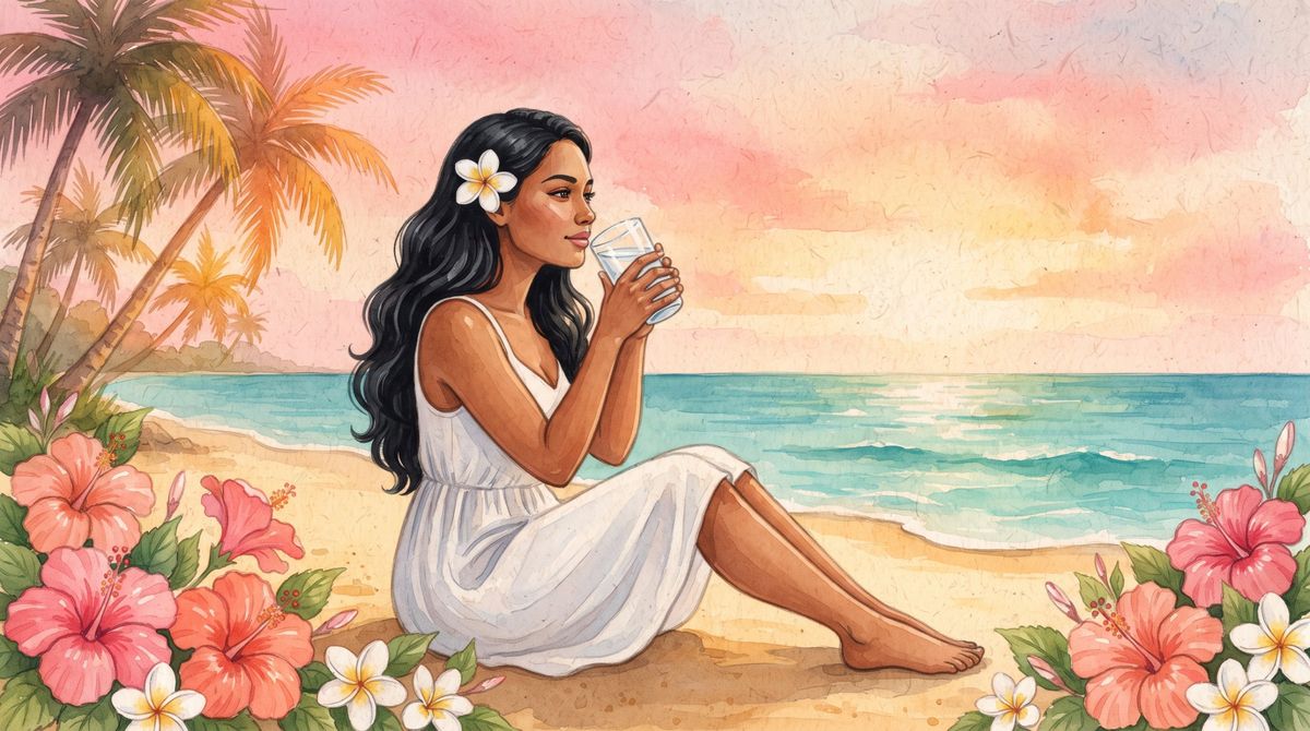 Mujer sentada en la arena bebiendo un vaso de agua frente al mar al atardecer
